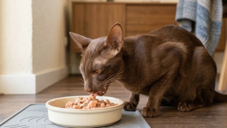 oriental shorthair eating wet food from bowl