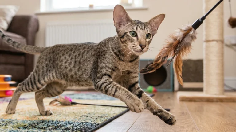 oriental shorthair playing with teaser toy