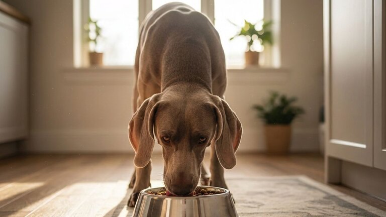 weimaraner eating from a bowl