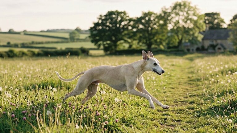 whippet running through field