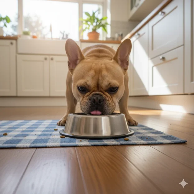 french bulldog eating dry food from stainless steel bowl