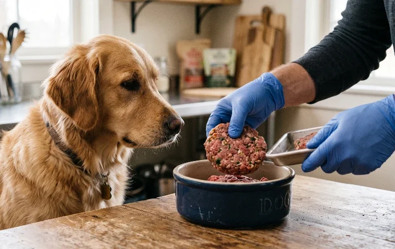 dog looking on as gloved human hands put raw patty into bowl