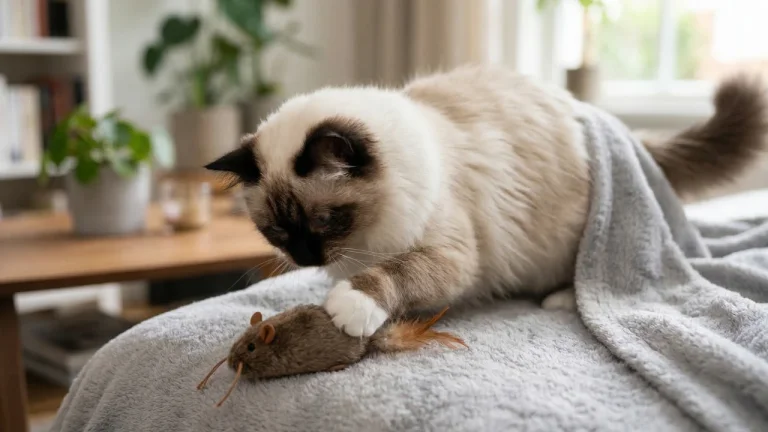 birman cat playing with toy mouse