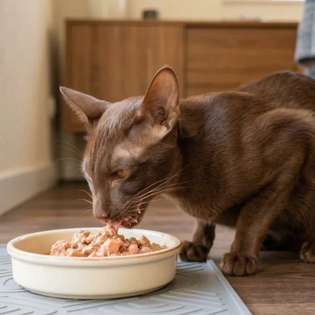 oriental shorthair eating wet food from bowl