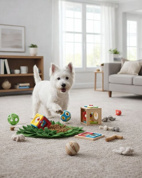 Westie playing with toys in living room