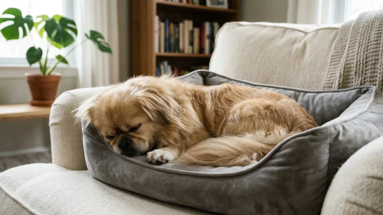 A photograph of the Pekingese curled up fast asleep inside a soft, grey plush dog bed, which is placed on a light-colored armchair.