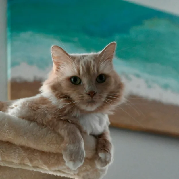 domestic medium hair cat sitting on top of cat tree looking down at camera