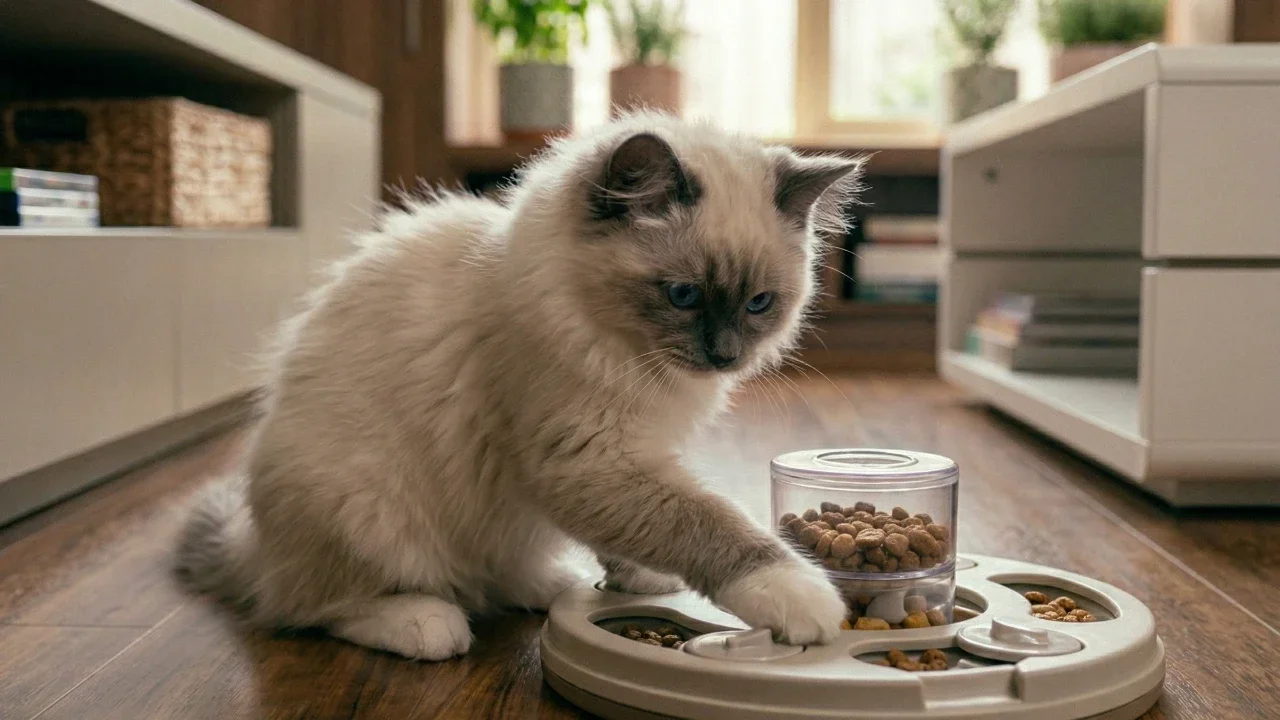 ragdoll kitten eating kibble from a puzzle feeder