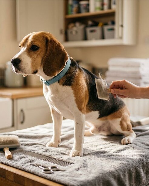 beagle being groomed
