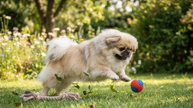 An action shot photograph capturing the light-gold Pekingese jumping playfully on a green lawn, about to catch a small red and blue textured ball.