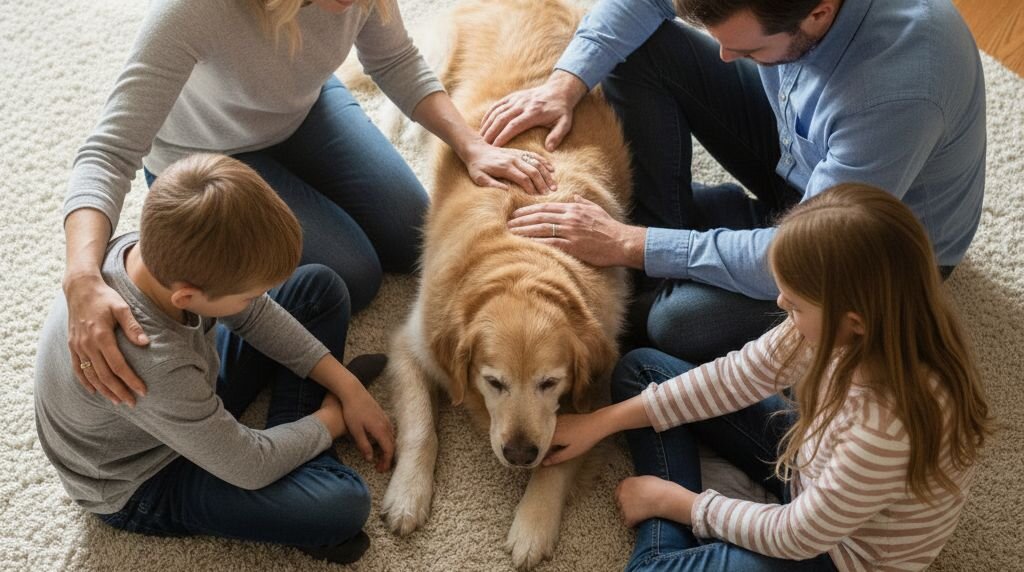 famil patting dog