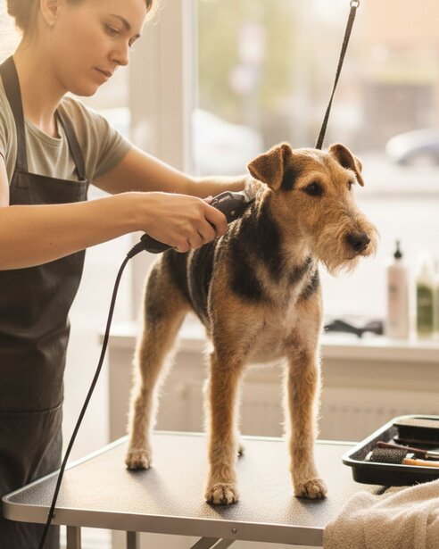 fox terrier being groomed