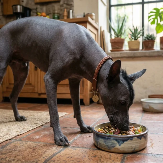 xoloitzcuintli eating from bowl