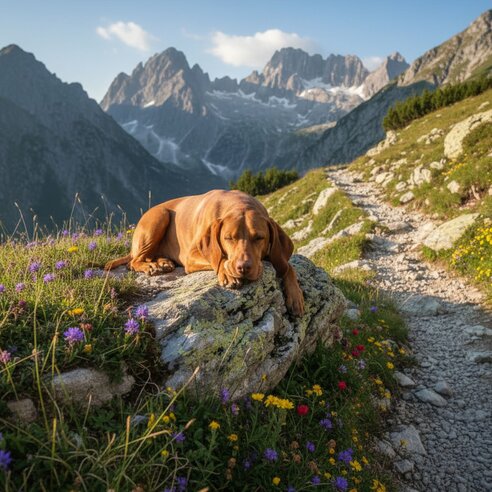 hungarian vizsla laying on rock