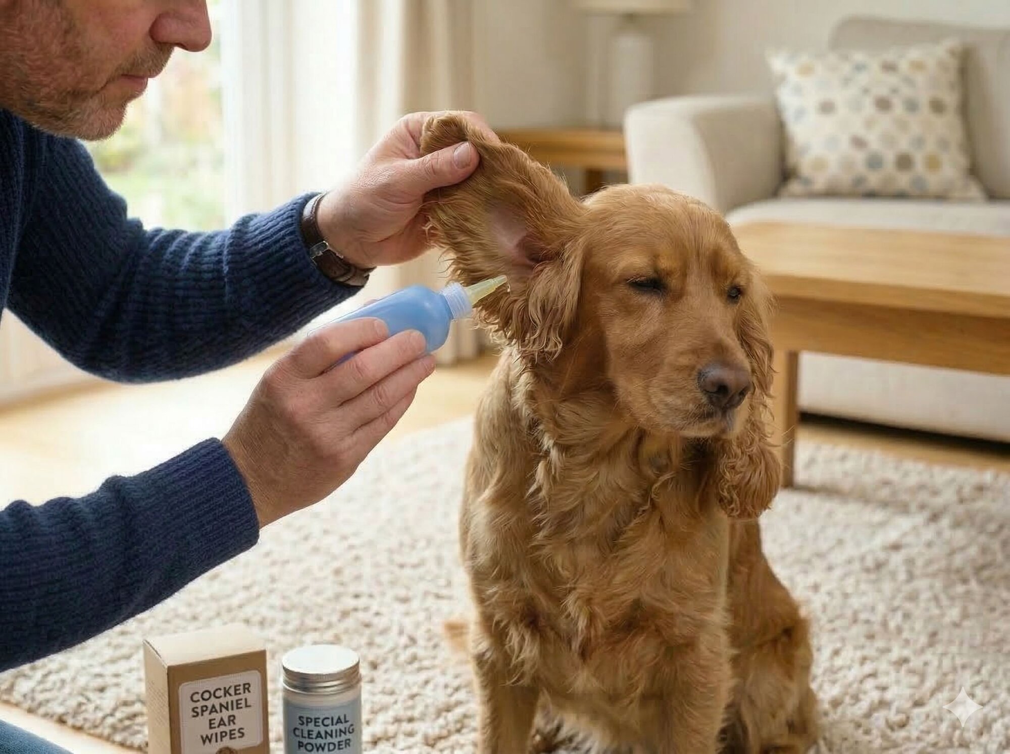 man putting ear drops into cocker spaniel's ear