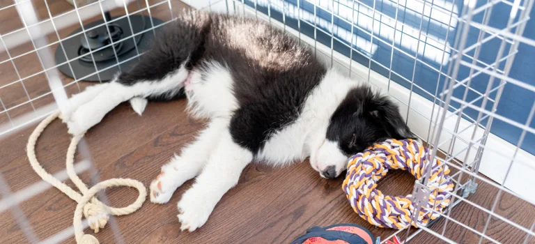 border collie lying down in a crate