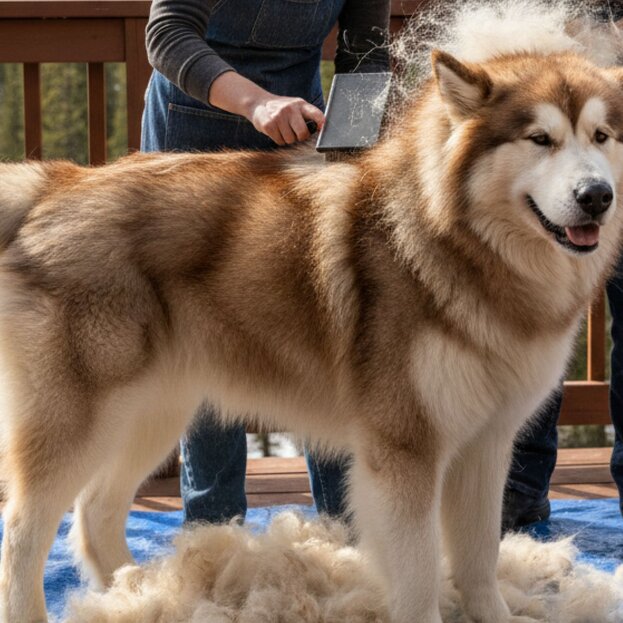 Alaskan Malamute being groomed