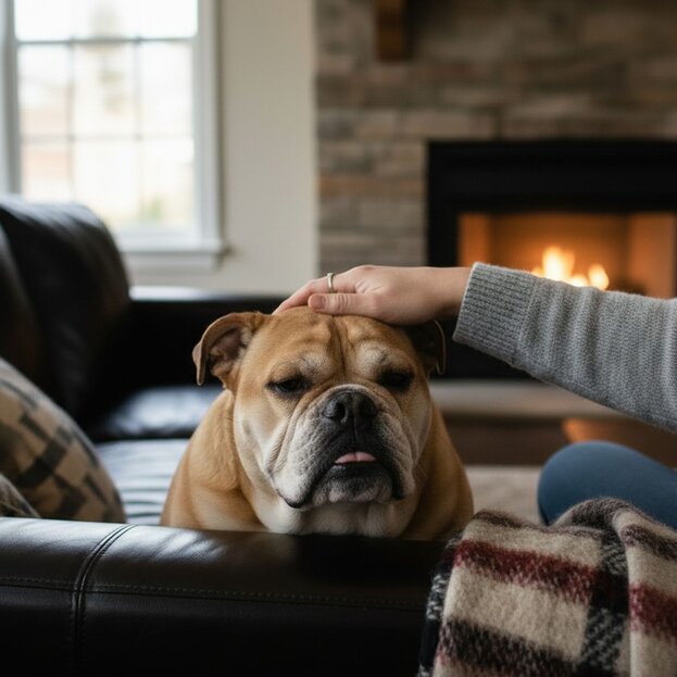 British bulldog sitting on sofa having a pat