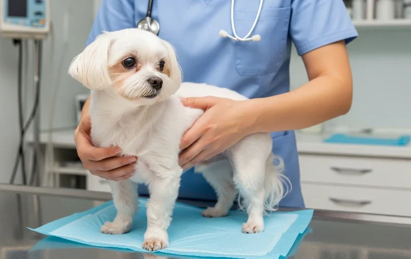 maltese dog being examined by vet