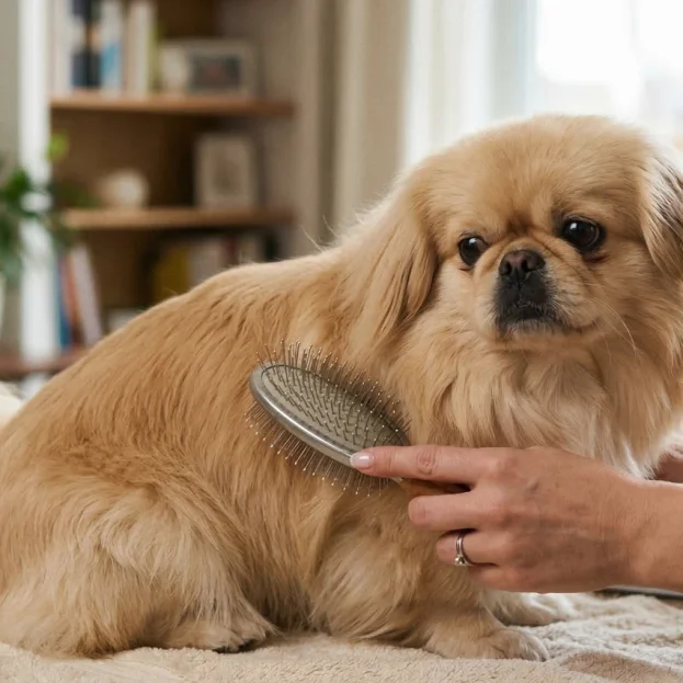 A close-up photograph focusing on a person’s hands gently grooming the Pekingese with a slicker brush. The dog is sitting patiently on a towel spread across a wooden table.