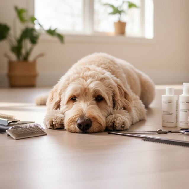 labradoodle lying on floor next to grooming tools
