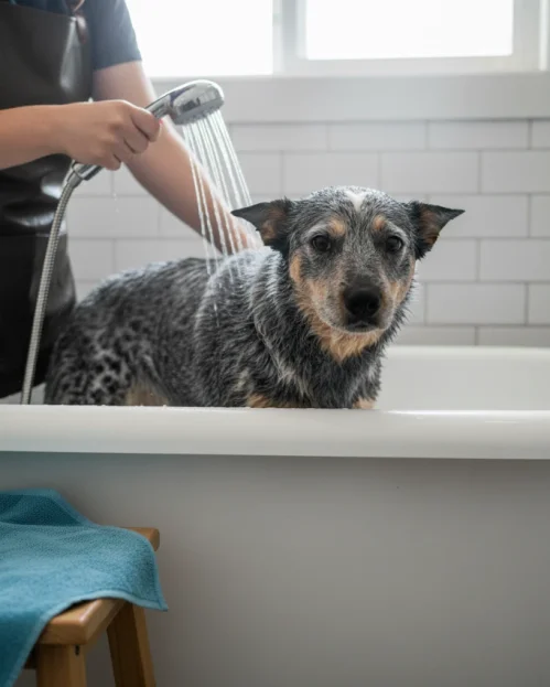 cattle dog being bathed