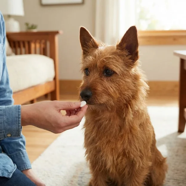 Aussie Terrier getting given a tablet