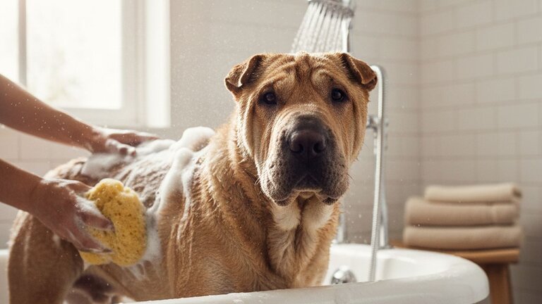 shar-pei having a bath