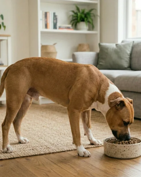 American staffy eating from bowl