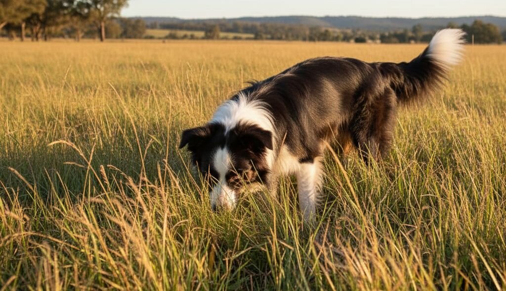 border collie sniffing in long grass