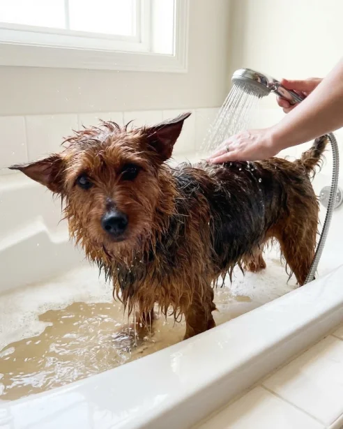 aussie terrier having a bath