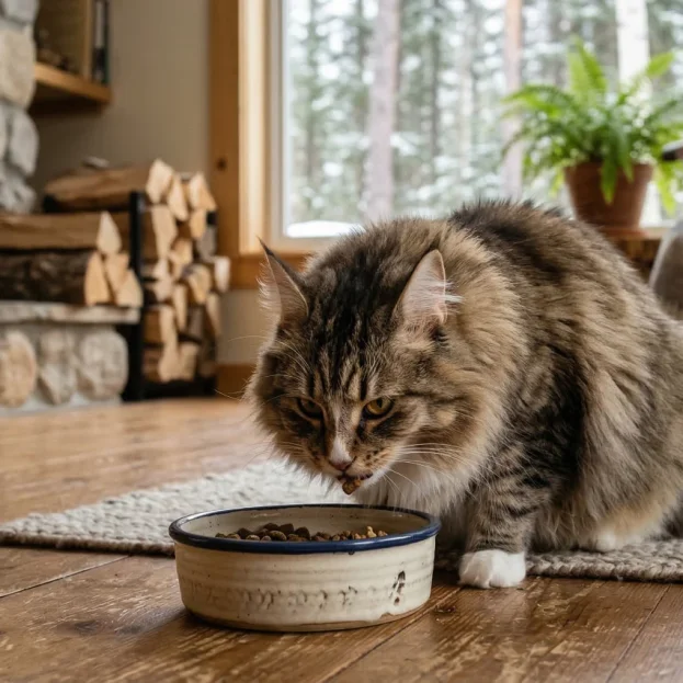 norwegian forest cat eating from bowl