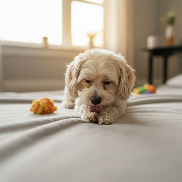 havanese licking paw