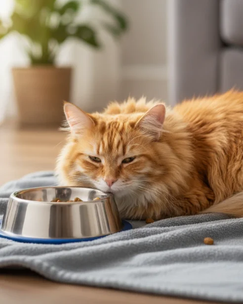 ginger long haired cat lying next to food bowl