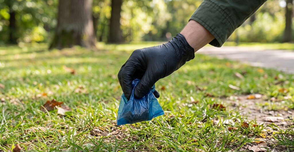 gloved hand picking up dog poop in poo bag