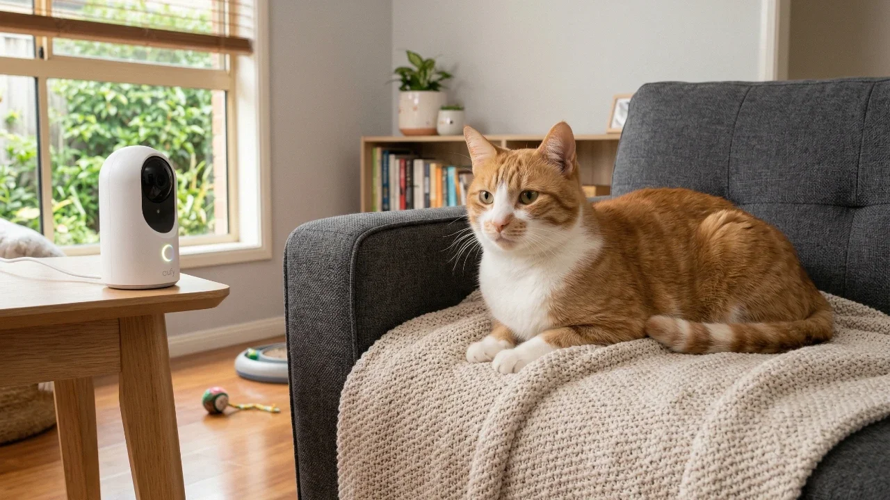 ginger cat on couch facing a camera