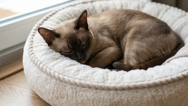 tonkinese cat sleeping on cat bed