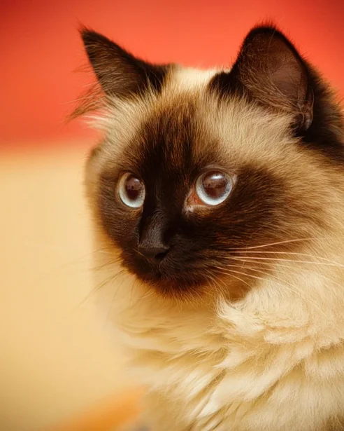 birman cat on red and white background