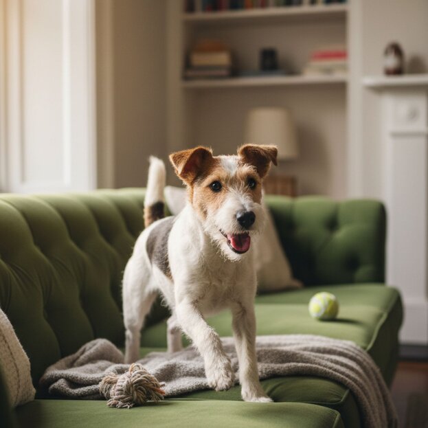 fox terrier standing on sofa