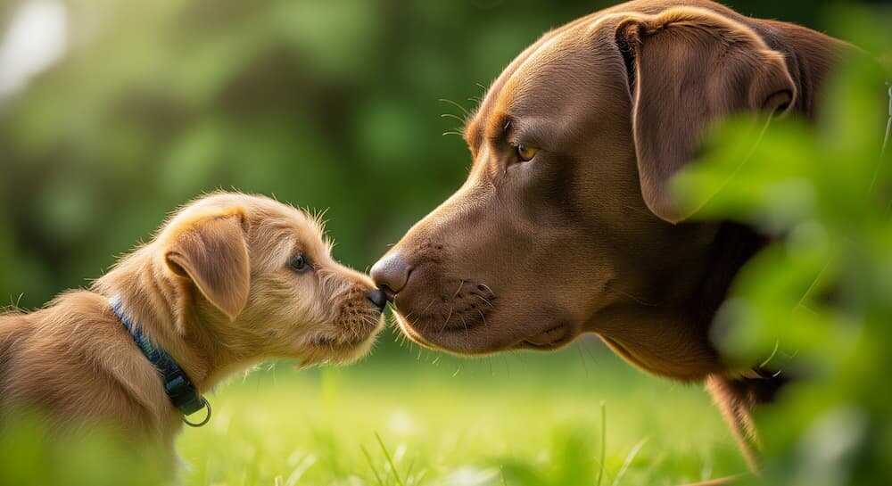 puppy and adult dog sniffing noses