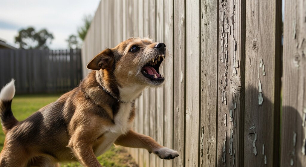 terrier barking at a wood-paneled fence