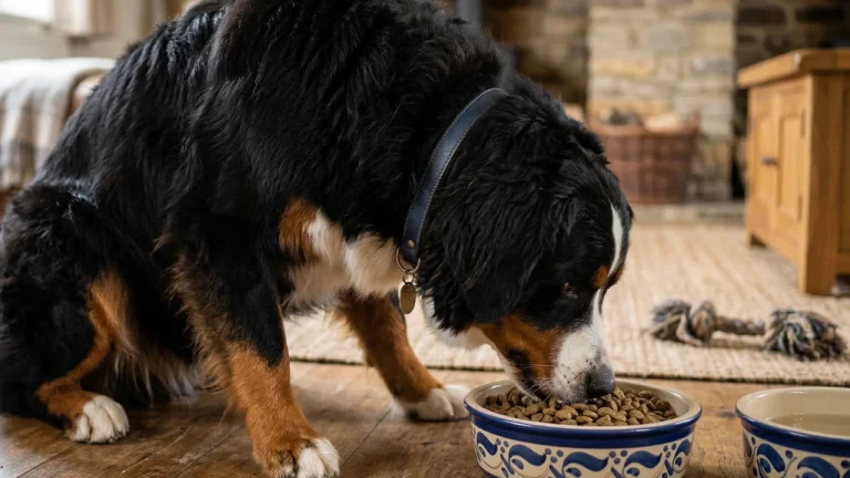 Bernese Mountain Dog eating dry food from bowl