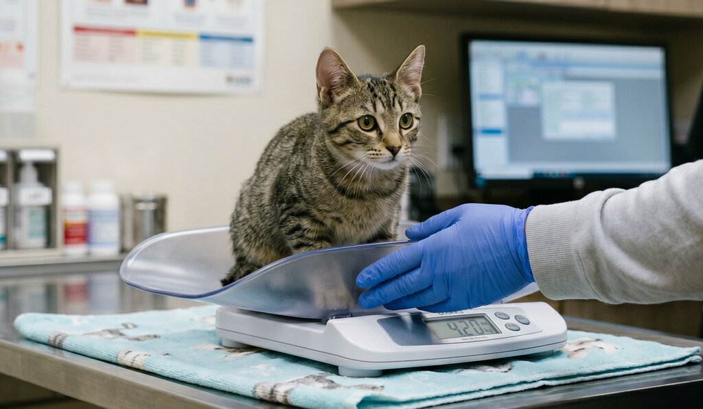 cat sitting on scales on vet examination table