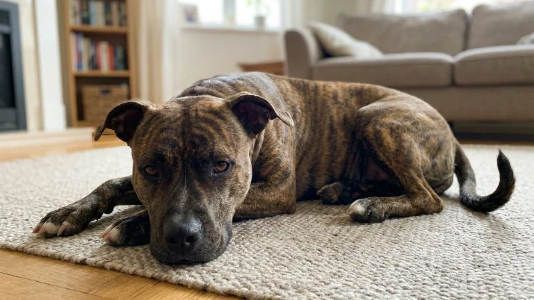 American Staffy lying on rug