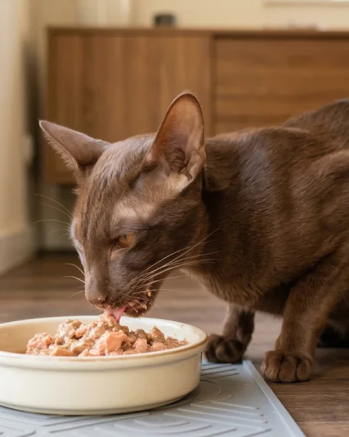 oriental shorthair eating wet food from bowl