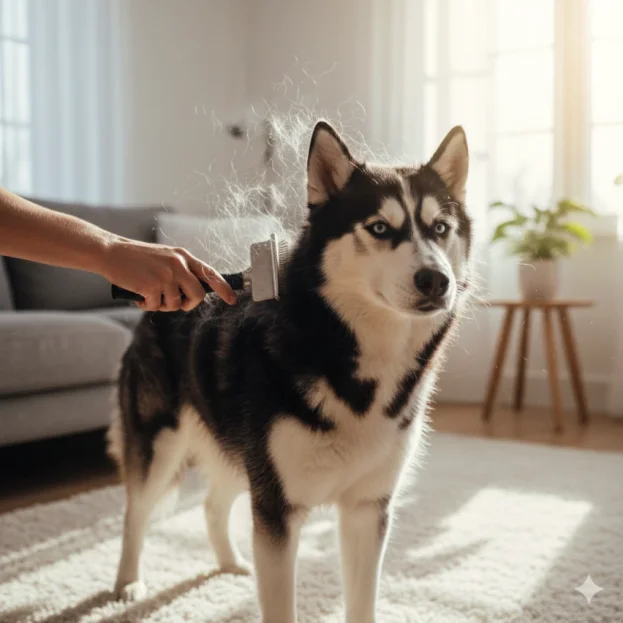 husky-getting-brushed