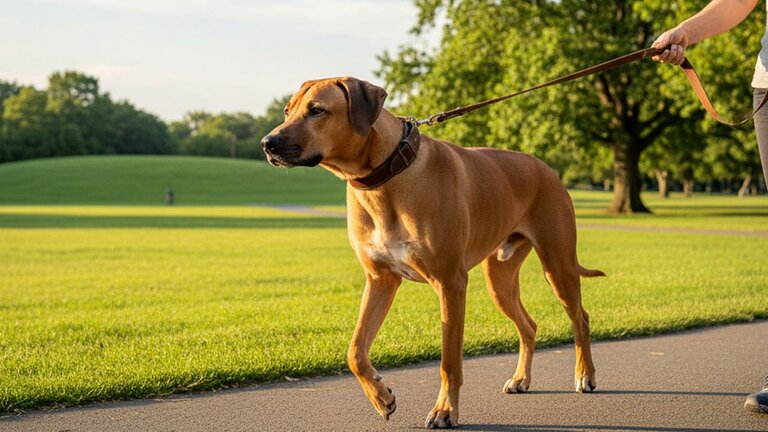 rhodesian ridgeback walking on lead
