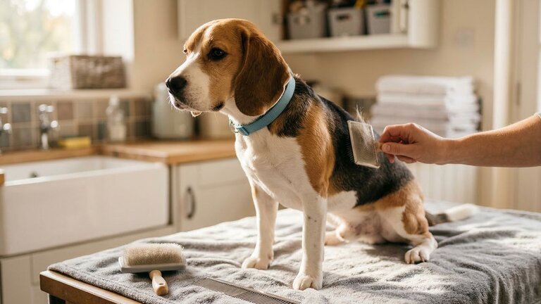 beagle being groomed