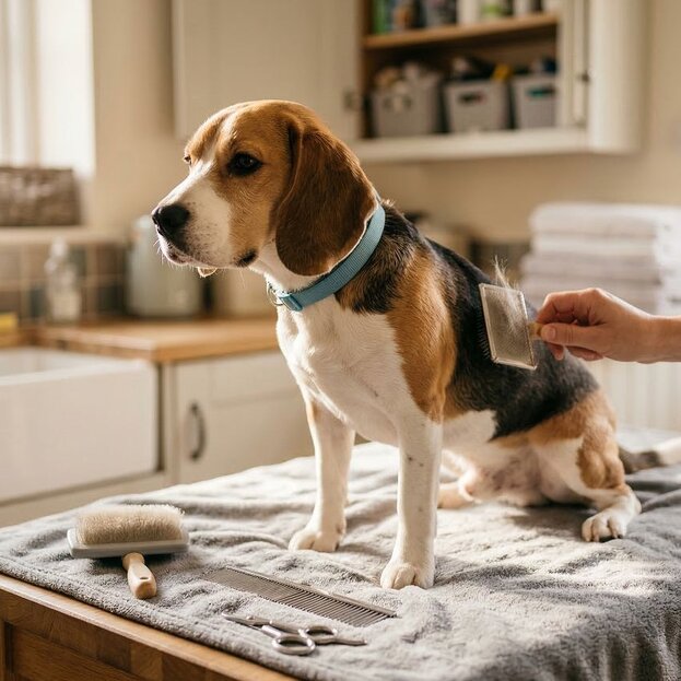 beagle being groomed