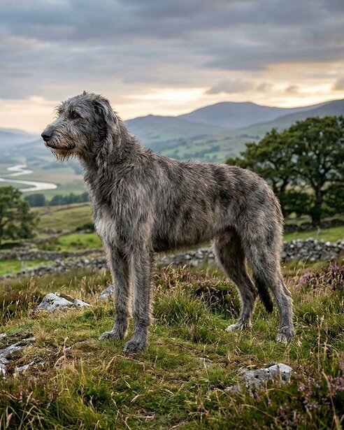 wolfhound standing on hill above valley